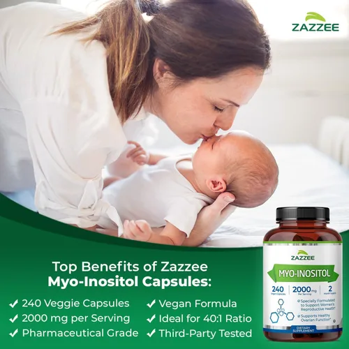 Vista 5 de Zazzee Suplemento de inositol de relación 40:1 Myo y D-Chiro para mujeres Cápsulas de D-Chiro y Myo Inositol para la regulación del ciclo, apoyo