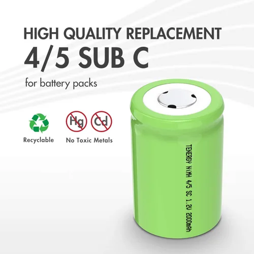 Vista 3 de Tenergy 4/5 SubC 2000mAh NiMH Baterías Recargables, Parte superior plana - Paquete de 25