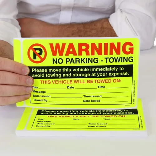 Vista 2 de SmartSign Por favor, mueve este vehículo para evitar remolcar, paquete de 50 calcomanías de infracción de estacionamiento 5 x 8 pulgadas