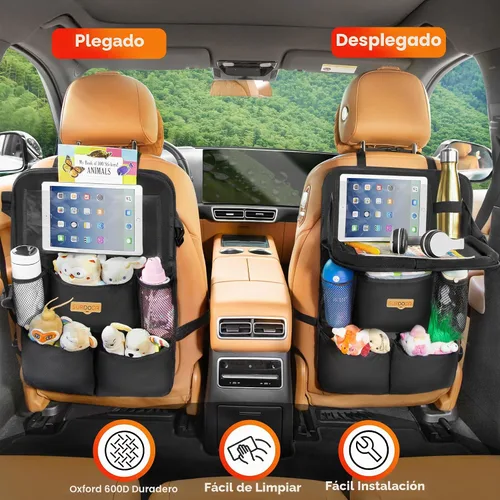 Vista 3 de SURDOCA Organizador de asiento trasero de coche con bandeja plegable para niños y adultos – NUEVO MODELO Almacenamiento de asiento con bolsillo