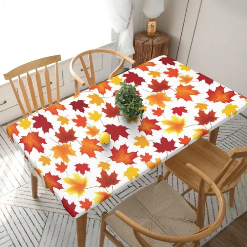 Vista 11 de Fiokroo Mantel de hojas de arce otoñales con borde elástico, mantel redondo de Acción de Gracias hoja de otoño lavable reutilizable cubierta de mesa