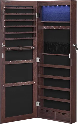 Vista 9 de SONGMICS Gabinete colgante de joyería, gabinete de pared con luces interiores LED, organizador de joyas montado en la puerta, espejo de cuerpo