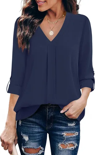 Vista 11 de Youtalia Blusas para mujer, elegantes, informales, de negocios, manga 3/4, de gasa, cuello en V, camisas de trabajo y oficina