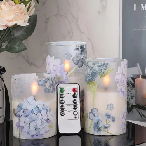 Vista 4 de Velas recargables de vidrio de hortensias sin llama con temporizador remoto, funciona con pilas, velas LED parpadeantes de cera real, decoración