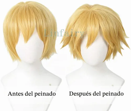 Vista 2 de Linfairy Peluca corta rubia para cosplay, disfraz de Halloween, peluca de gato para hombres Rubio