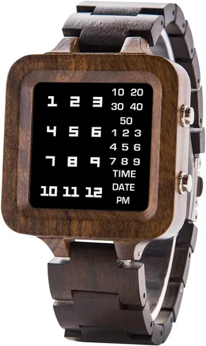 Vista 9 de BOBO BIRD Reloj digital para hombre, diseño de marca de lujo, visión nocturna, ébano, reloj de madera, reloj único con pantalla LED, Digital