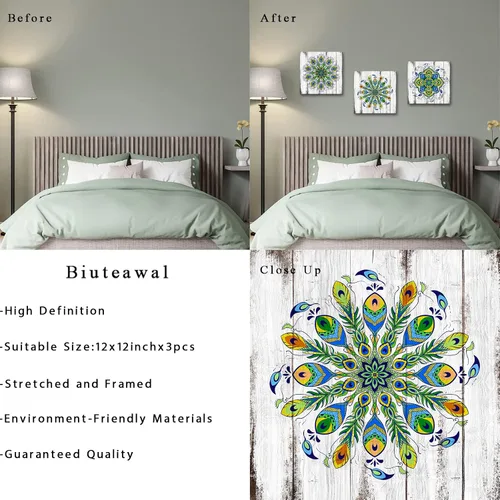 Vista 6 de Biuteawal Arte de pared de mandala para decoración de dormitorio, diseño retro de flores de pavo real, lienzo, cuadros verdes, bohemio, floral