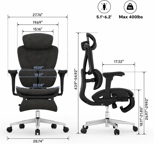 Vista 15 de FLEXISPOT Sentinel Ergonomic Gaming Chair Charcoal Dual-Wing Adaptive Lumbar,Adjustable Armrests,Recline &Tilt Function,Adjustable Backrest,for