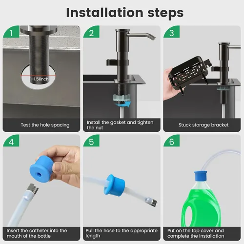 Vista 6 de Dispensador de jabón para fregadero de cocina, bomba dispensadora de jabón de aleación de aluminio con soporte, kit de tubo de extensión de 40