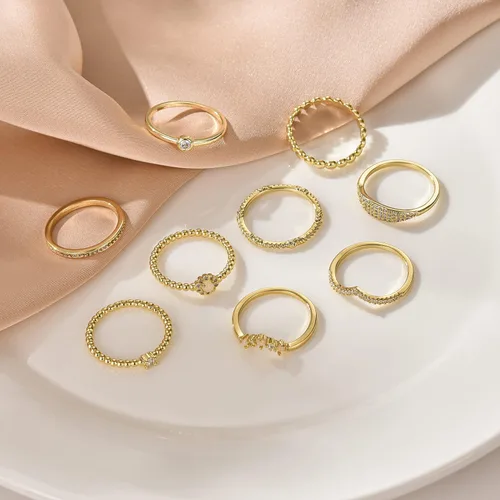 Vista 5 de PLOMFOV Juego de 9 anillos apilables con placa de oro de 14 quilates para mujer, anillos de circonita cúbica de ópalo en V, anillos delgados