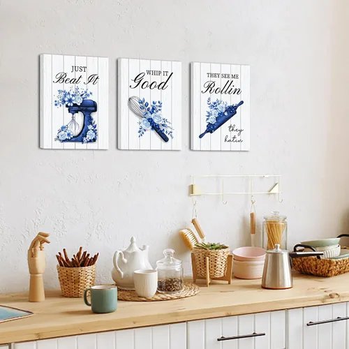 Vista 3 de RnnJoile Decoración de cocina azul marino, divertida imagen de cocina, arte de pared, panadería, habitación, decoración de pared, lienzo, enmarcado