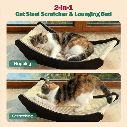 Vista 2 de Zakkart Hamaca rascador de sisal para gatos, rascador 2 en 1 para gatos y cama de descanso, tapete de sisal 100% natural, marco de madera maciza