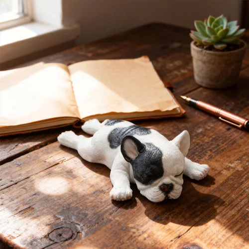 Vista 5 de Figura de bulldog francés durmiendo, estatua creativa de bulldog de resina, linda escultura de bulldog para decoración del hogar y la oficina
