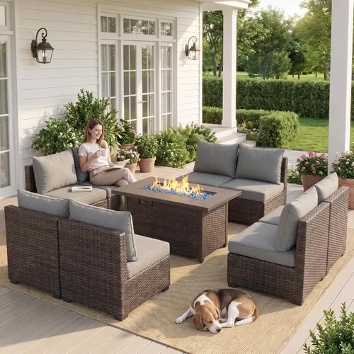 Vista 13 de Juego de muebles de patio al aire libre, 7 piezas, sofá seccional de mimbre con cojines y mesa de té, sofá de conversación de ratán para patio Beige