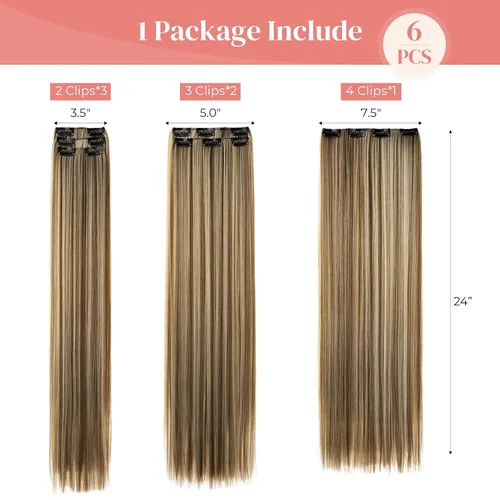 Vista 3 de LONAI - Extensiones de cabello con clip, 6 piezas, extensiones de cabello lacio de 24 pulgadas para mujer, postizo sintético resistente al calor