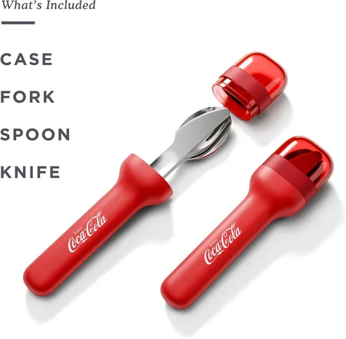 Vista 3 de ZOKU Coca-Cola - Juego de utensilios de bolsillo, tenedor, cuchillo y cuchara de acero inoxidable en estuche higiénico, diseño portátil para viajes