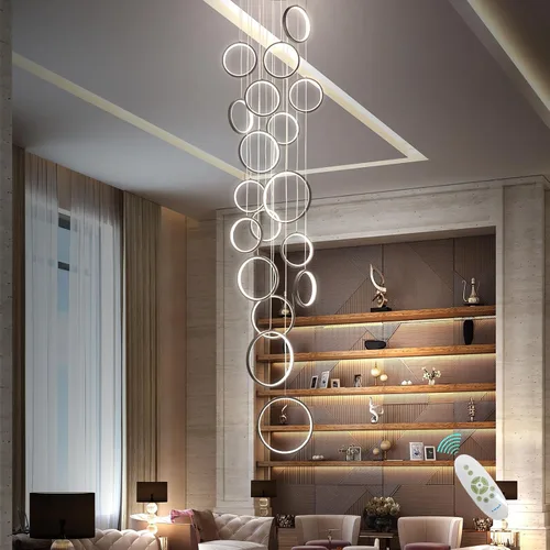 Vista 14 de Candelabro moderno para entrada para techos altos, lámpara moderna regulable dorada para escalera, de lujo, techo alto, lámpara colgante LED
