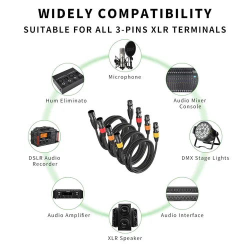 Vista 2 de Cables XLR de 3 pies, 4 unidades, cables de micrófono macho a hembra, 3 pines, conectores codificados por color chapado en oro para micrófonos