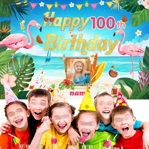 Vista 5 de Cartel de decoración de feliz cumpleaños número 100 personalizable con flamencos, playa, trópicos, Hawái y tema de verano, tamaños grandes