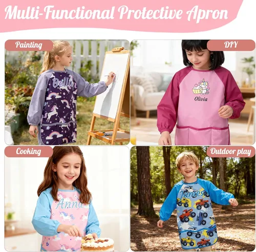 Vista 7 de Delantal de pintura para niños con nombre personalizado para niños, impermeable, manga larga para artista, bata de arte personalizada