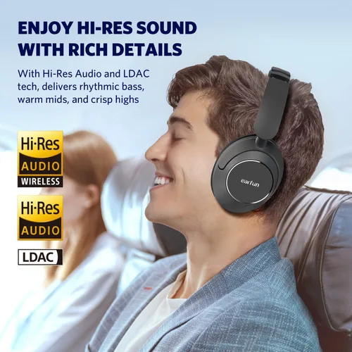 Vista 3 de EarFun Wave Pro - Auriculares inalámbricos con cancelación activa de ruido, auriculares Bluetooth sobre la oreja, sonido Hi-Res LDAC, 5 micrófonos