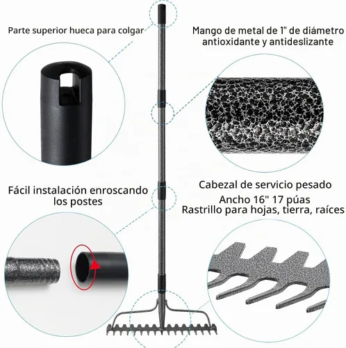 Vista 6 de Rastrillo de arco, rastrillo de hojas de 17 puntas, rastrillo de paja para césped, mango largo de 63 pulgadas para jardinería, rastrillo de jardín