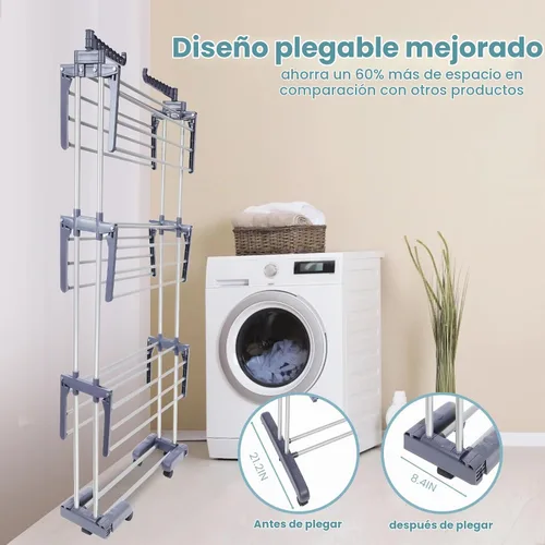 Vista 3 de Estante de secado de ropa resistente, estante de secado de ropa plegable de 4 niveles de 70 pulgadas de alto, estante de secado independiente