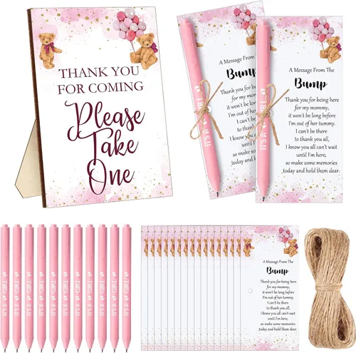 Vista 15 de Sintuff Juego de 50 Recuerdos de Baby Shower para Invitados 1 Letrero de Agradecimiento por Venir 50 Bolígrafos 50 Tarjetas de Agradecimiento