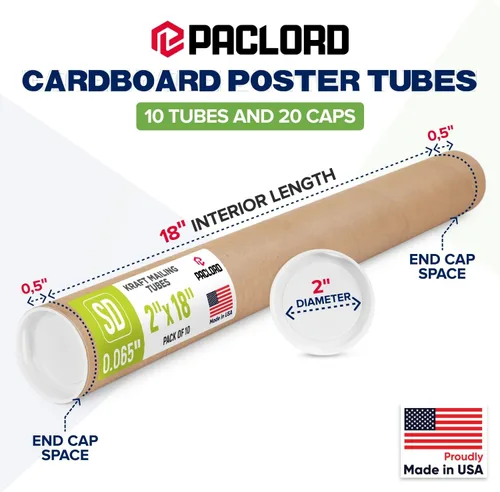 Vista 2 de Tubo de correo de papel kraft reforzado de 2 x 18 pulgadas, paquete de 10 tubos con 20 tapas, tubo seguro aprobado por USPS para póster - Tubo