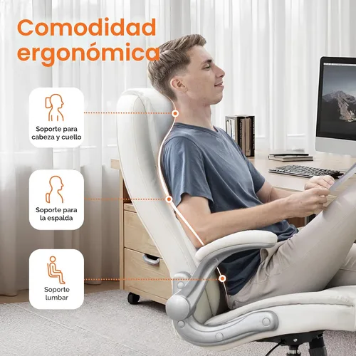 Vista 4 de NEO CHAIR Silla de escritorio de oficina, respaldo alto de piel sintética Blanco