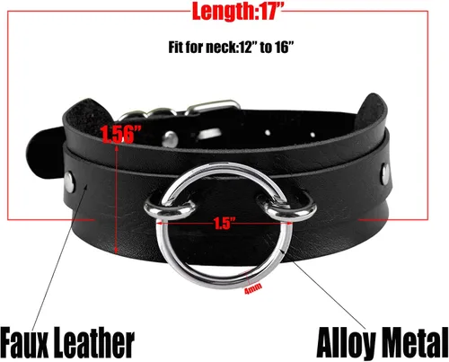 Vista 7 de Tosmifairy Gargantilla de piel sintética ancha negra para hombre, ajustable, gruesa, de poliuretano, para mujer, anillo redondo grande de aleación