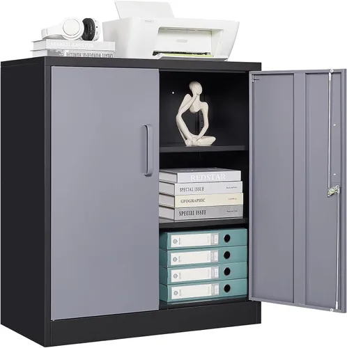 Vista 24 de Gabinete de almacenamiento de metal para garaje, armario de almacenamiento con cerradura de 71 pulgadas con 2 estantes ajustables y 1 cajón
