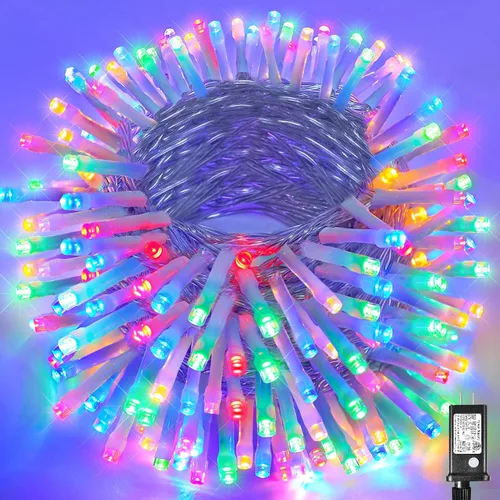 Vista 28 de Guirnalda de luces navideñas con 100 LEDs, tira de 33 pies, 8 modos, conectable, impermeable, parpadeante, con temporizador y memoria, para Azul