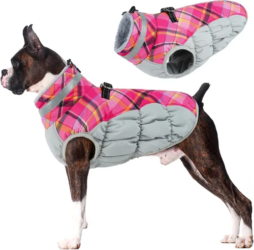 Vista 70 de Lelepet Abrigo cálido para perro, abrigo de invierno para perro, chaqueta impermeable para perros con arnés integrado reflectante de forro polar