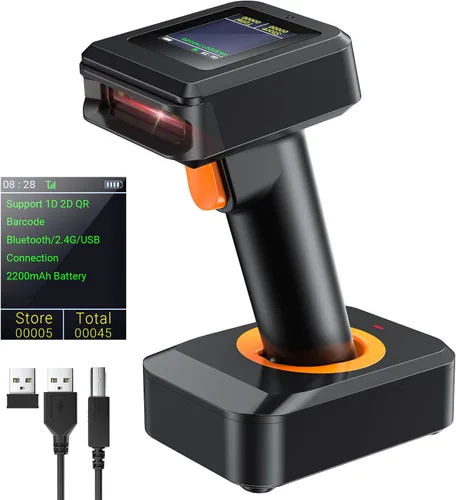 Vista 9 de Tera Escáner de código de barras QR 1D 2D con soporte plegable ajustable y base de carga, montaje en pared 2.4G inalámbrico y USB 2.0 lector