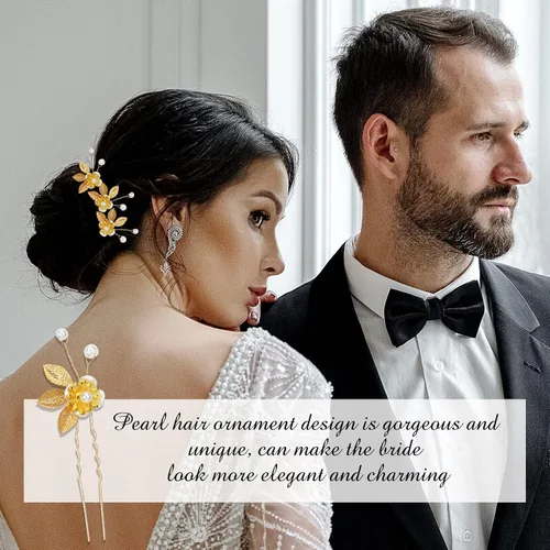 Vista 5 de inSowni Paquete de 12 horquillas doradas decorativas para bodas, fiestas de graduación, con hojas de flores, perlas, adornos para tocados de novia