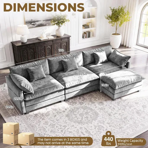 Vista 2 de LEVELEVE Sofá modular en forma de L de 112 pulgadas con 1 otomana, cama convertible de nube de asiento profundo, 3 cojines de 2 brazos, muebles Gris
