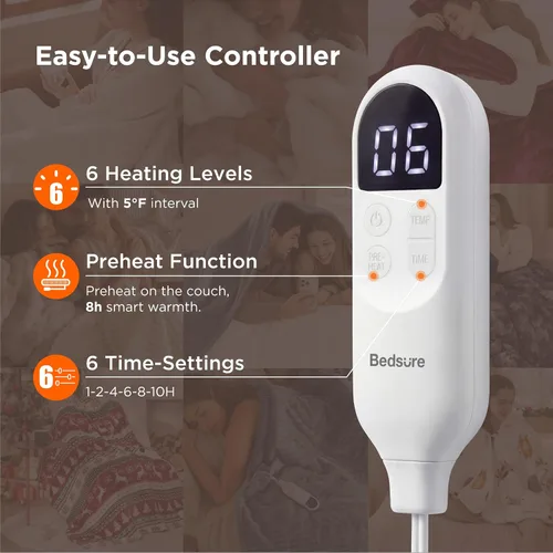 Vista 4 de Bedsure - Manta eléctrica de calentamiento rápido, manta de franela suave con 4 ajustes de tiempo, 6 ajustes de calefacción, regalos cálidos
