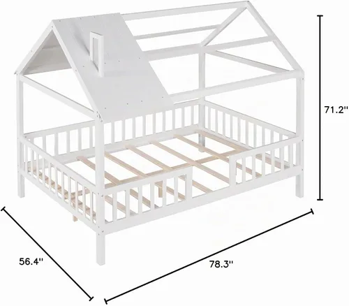 Vista 2 de Merax Cama de casa completa para niños, marco de cama matrimonial de madera en forma de casa, marco de cama con ventanas de techo y barandillas
