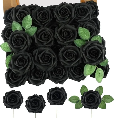 Vista 34 de MACTING 30 PCS Flores Artificiales Rosas Negras y Blancas Flores Falsas con Tallo Rosas de Espuma de Tacto Real para Boda Bola de Besos Ramillete