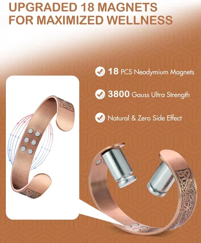 Vista 2 de Feraco Pulsera de Cobre Puro para Hombres y Mujeres, Brazalete Magnético de Ultra Resistencia para Hombres y Mujeres con Imanes de Neodimio de 3500