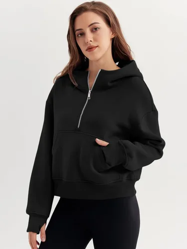 Vista 2 de Trendy Queen Sudaderas con capucha para mujer, con cremallera de un cuarto, sudaderas de gran tamaño, media cremallera con bolsillos, ropa de otoño