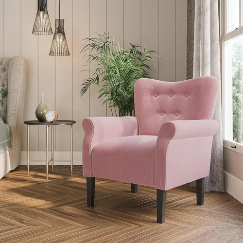 Vista 15 de BELLEZE Silla decorativa moderna, sillón de respaldo alto, silla lateral tapizada con respaldo alado, sofá individual acolchado con patas de madera