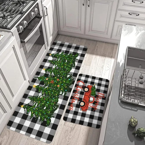 Vista 5 de Juego de 2 alfombras y tapetes de cocina de Feliz Navidad, a cuadros, pan de jengibre, chocolate caliente, Navidad, invierno, vacaciones, fregadero