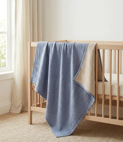 Vista 4 de Manta de gasa de algodón puro suave de 4 capas de 50 x 60 pulgadas, prelavada, sin flecos, manta de muselina ligera para uso multiusos y regalo Azul