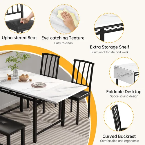 Vista 6 de AWQM Mesa de comedor de 4 piezas de mármol sintético con estante de almacenamiento, juego de mesa de rincón de desayuno que ahorra espacio con 2
