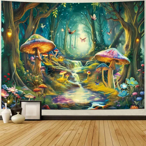 Vista 4 de Tapiz de Hongos con Luz Negra Reactivo a UV, Tapiz de Paisaje de Bosque Brumoso, Fantasía de Hadas en País de las Maravillas con Mariposas