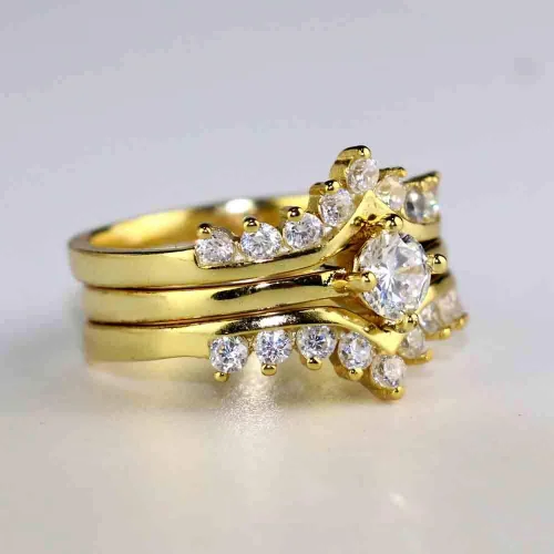 Vista 5 de Juego de 3 anillos de boda chapados en oro blanco para mujer, anillos de compromiso redondos de circonita azul