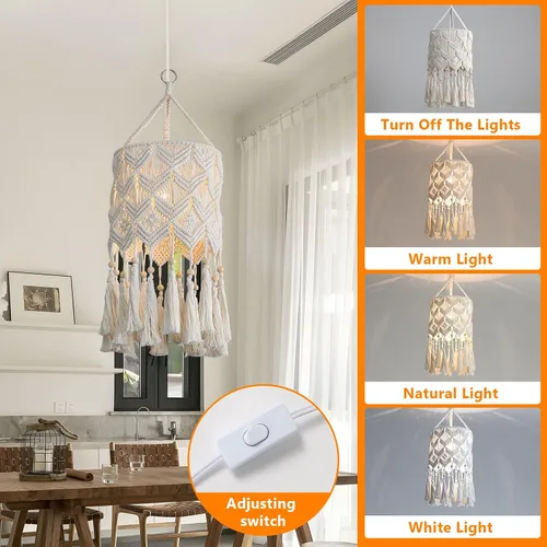 Vista 3 de Bioaqua Pantalla de Lámpara Colgante Boho, Luz Colgante de Macramé, Luminaria Boho Hecha a Mano con Cable de Enchufe para Hogar, Sala de Estar