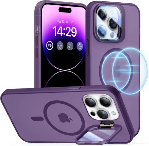 Vista 10 de Funda para iPhone 14 Pro, protección contra caídas de grado militar, compatible con MagSafe, soporte integrado y protector de lente de cámara, funda